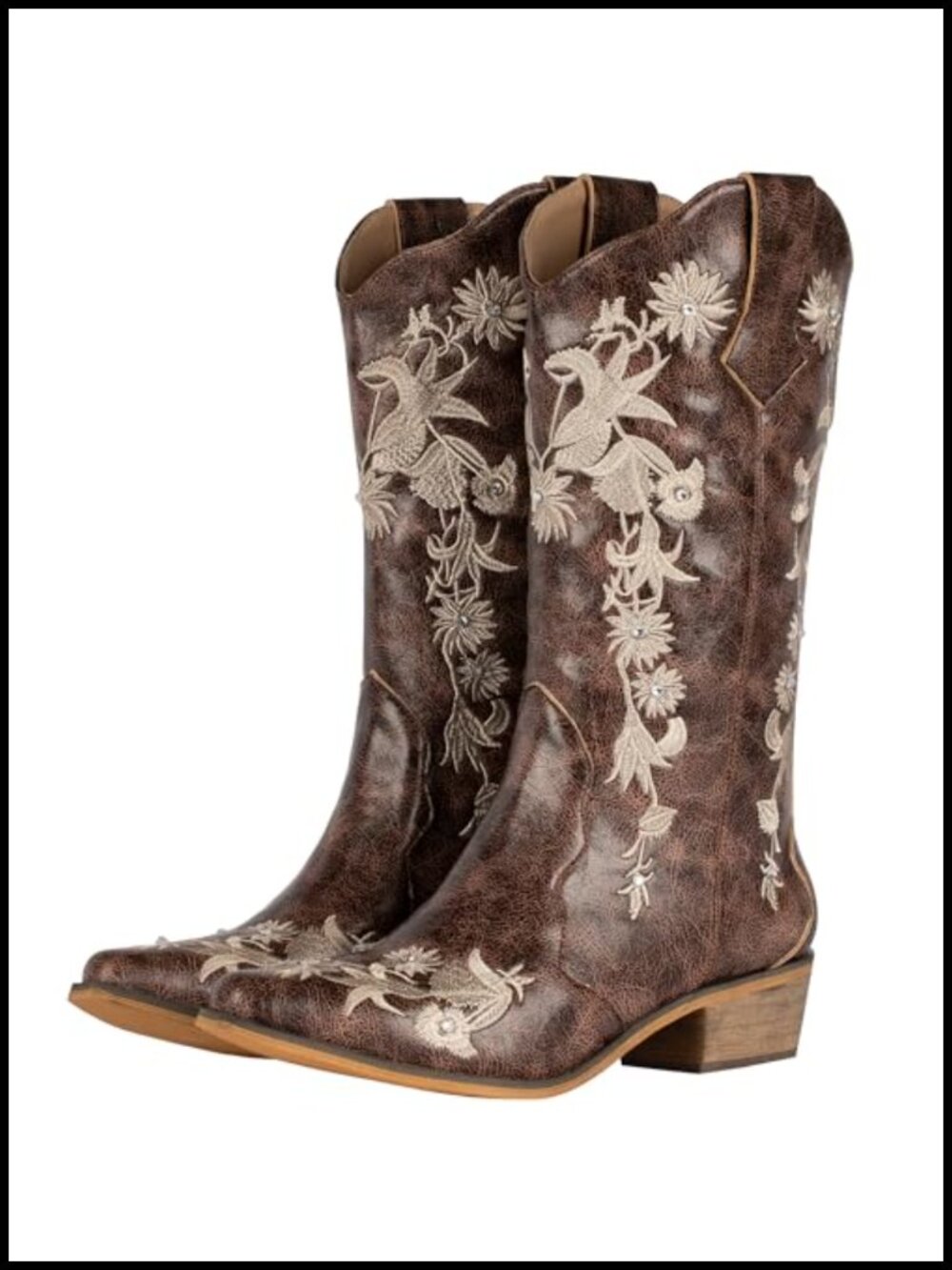SheSole Floral Embroidery Western Cowgirl Boots Mid Wide Calf Snip Toe Faux